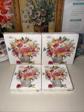 ihr White Pink Yellow Green Watering Can Floral Bouquet Napkins x 4 packs